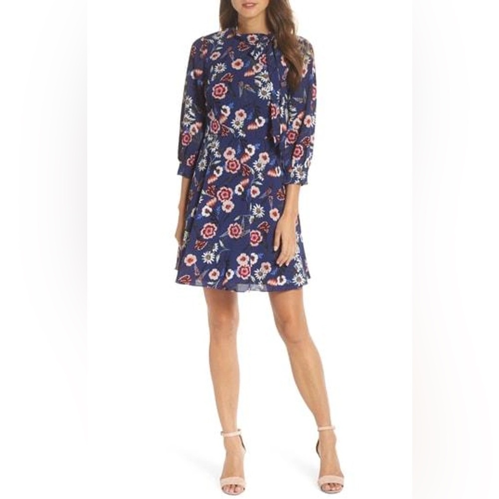 Eliza J Floral Modest Blue Dress with Neck Tie Detail Size 8